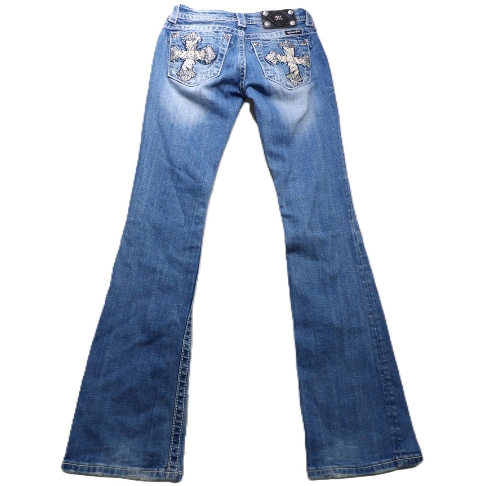 Miss Me Women Cross Pocket Rhinestone Bootcut Denim Blue Jeans 25 Western Casual